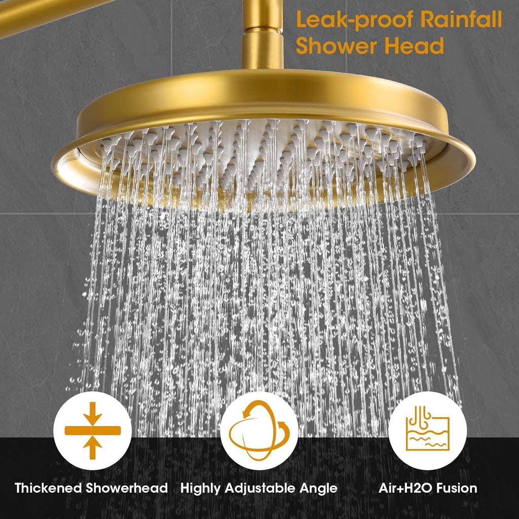 Rainfall Shower Head with Handheld Combo, Brushed Gold Shower System with Balance Pressure Valve, 9 inch Shower Head and Faucet Set, Rain Shower Head with Handheld Spray Wall Mount(B2312-BG)