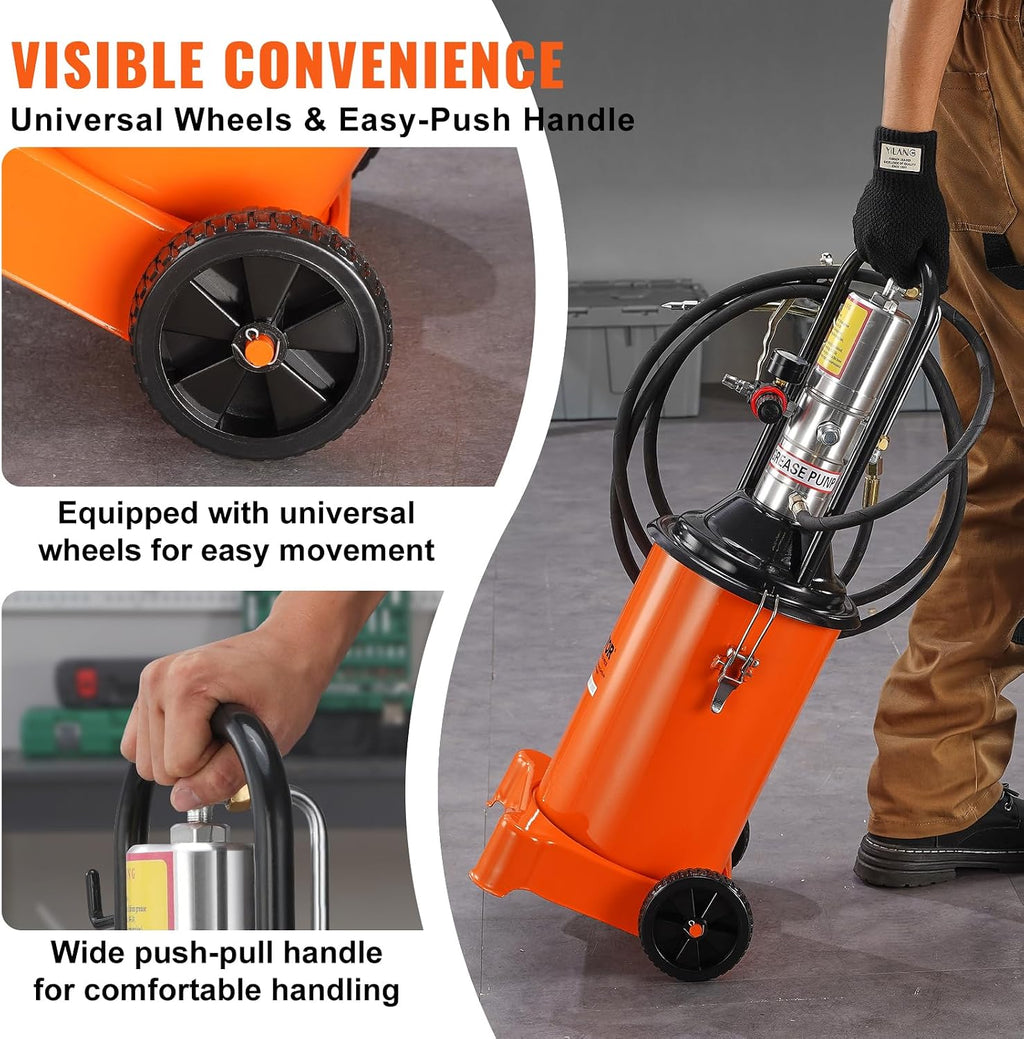 VEVOR Grease Pump, 3 Gallon Air Grease Pump with 13 ft High Pressure Hose and Grease Gun, 12L Pneumatic Grease Pump with Wheels, Portable Lubrication Grease Pump
