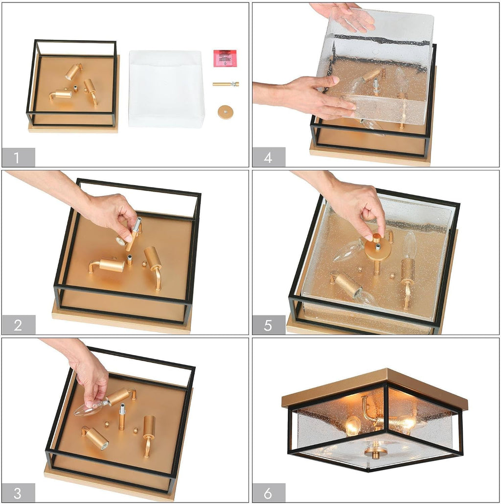 Square Flush Mount Ceiling Light, Black Gold Hallway Light Fixtures Ceiling, Mid-Century Modern 3-Light Close to Ceiling Light with Seeded Glass Shade for Bedroom, Kitchen and Foyer