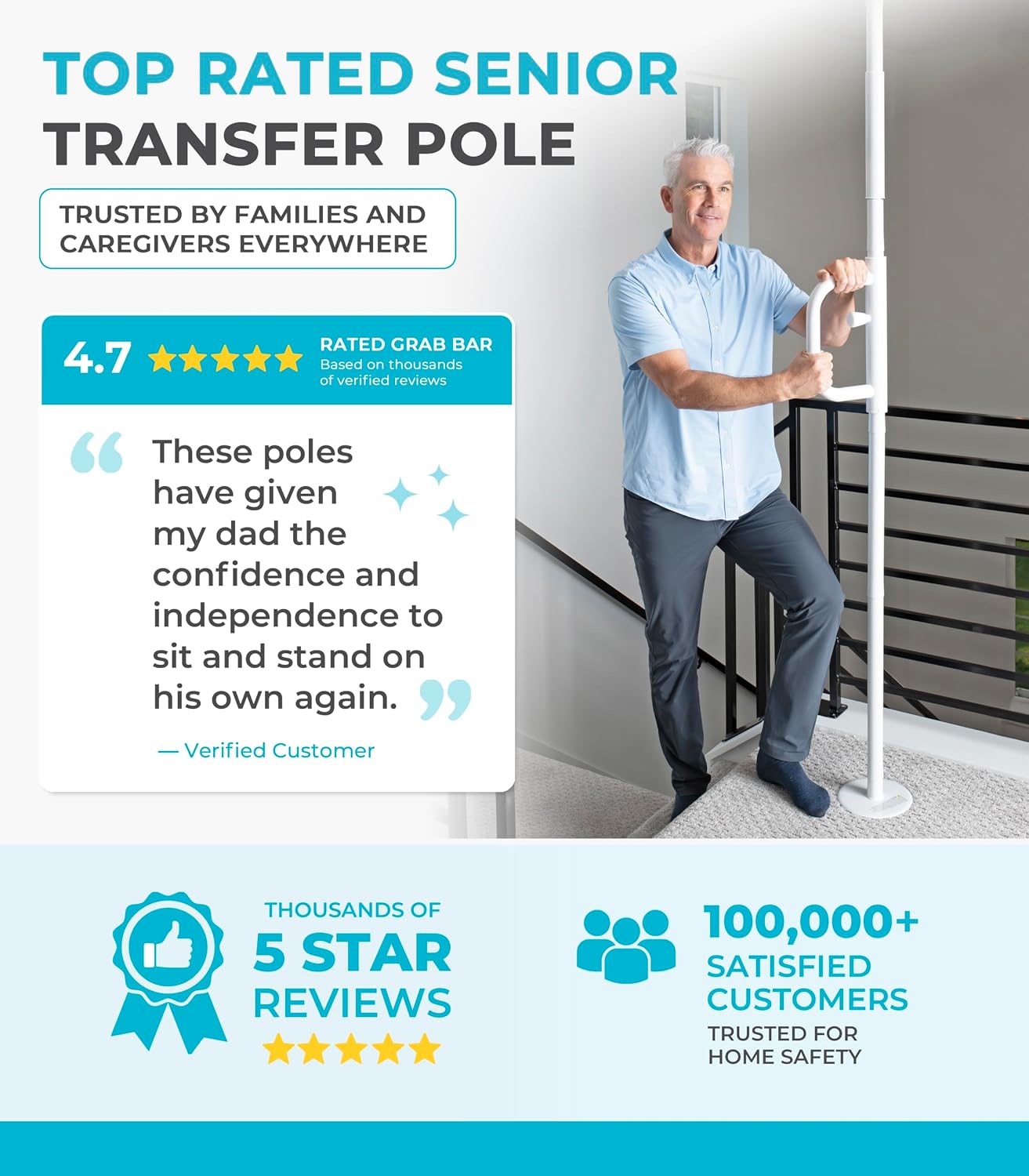 Stander Wonder Pole, Security-Pole and Curve Grab Bar, Tension Mounted Floor to Ceiling Transfer-Pole for Seniors, Elderly Adults, Bathroom Safety Assist and Stability Rail, White