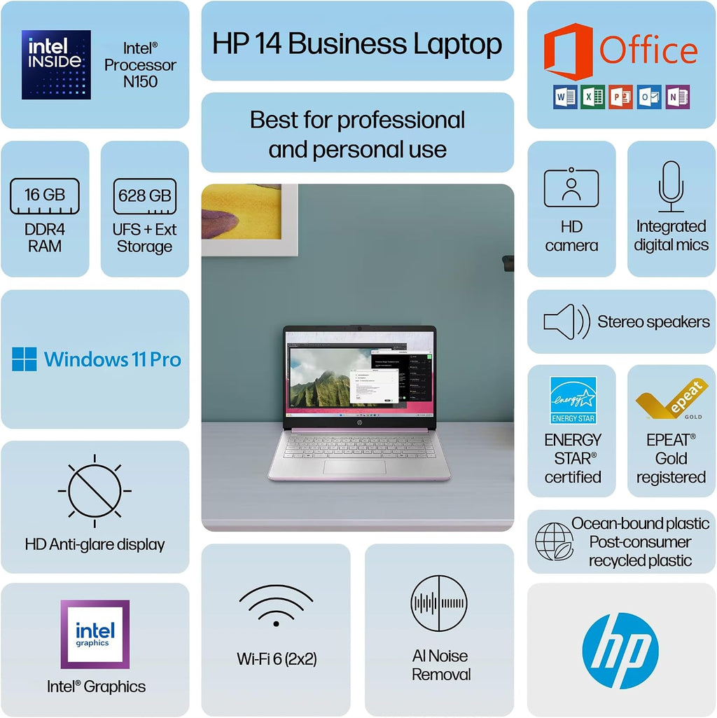 HP 14' Laptop 2025 Business Student Slim Computer, Lifetime MS Office, Copilot AI, Quad-Core Intel CPU, 16GB RAM, 628GB Storage (128GB UFS+500GB Ext), MarxsolAccessory, Wi-Fi 6, Win 11 Pro, Lavender