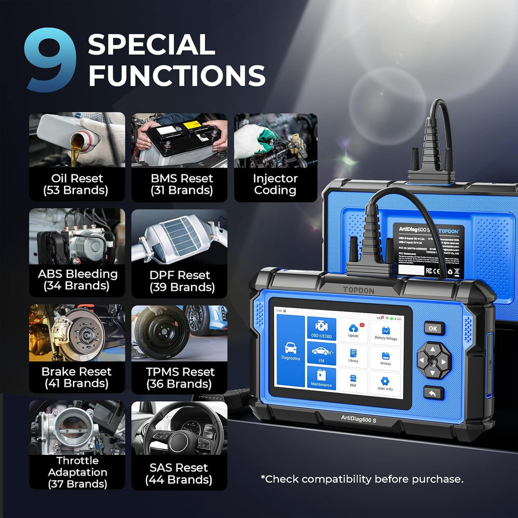 OBD2 Scanner TOPDON AD600S Scan Tool, Code Reader, Diagnostics Scanner for ABS/SRS/AT/Engine, 9 Reset Services, CAN-FD, Oil/Brake/BMS/SAS/DPF/TPMS/ETS Reset/ABS Bleeding/Injector Coding, Free Upgrade