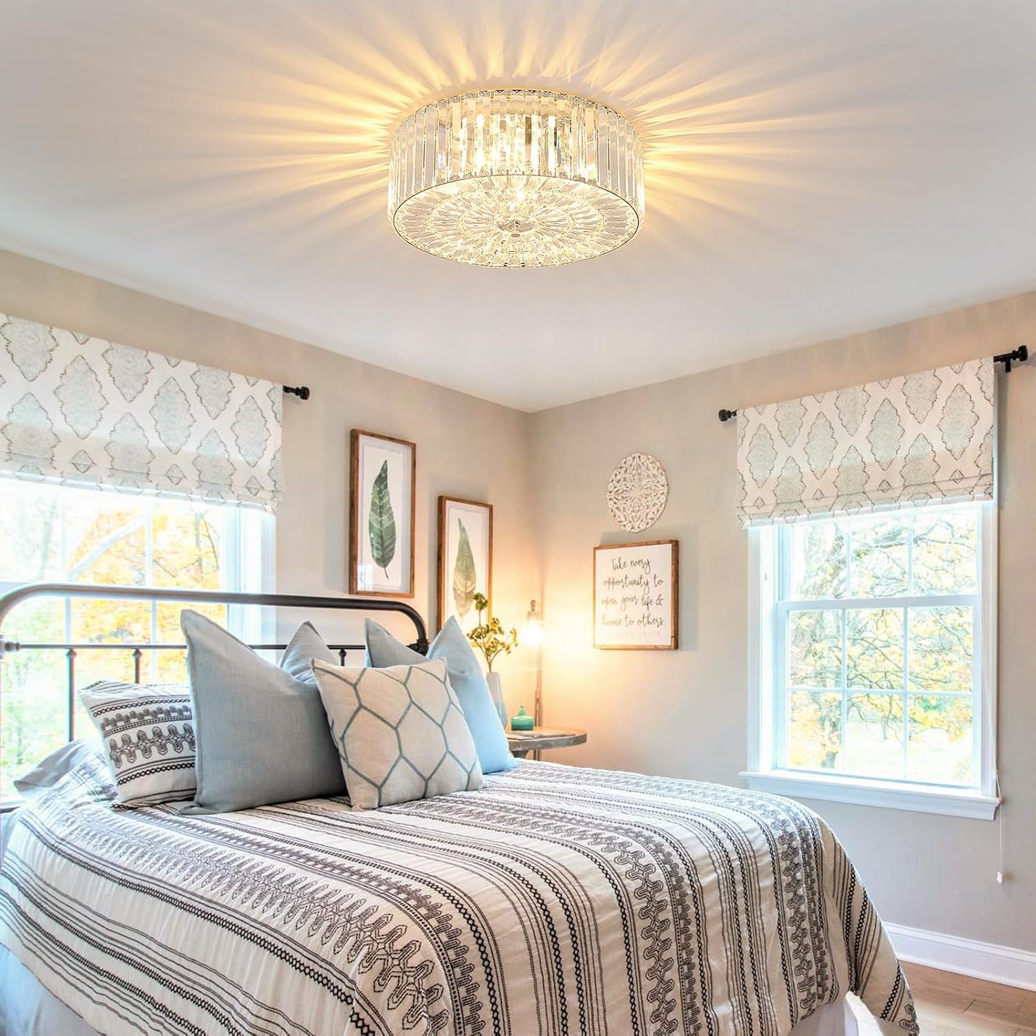17.5' Large Crystal Ceiling Light, 4-Lights Flush Mount Crystal Ceiling Light, Chrome Ceiling Lamp Modern Chandelier for Bedroom, Dining Room,Living Room, XDD007-4-CH
