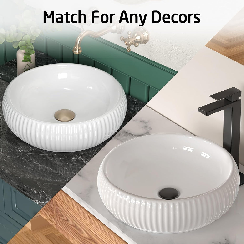 Bathroom Vessel Sink above Counter, Bowl Sinks for Bathroom, Countertop White Bathroom Sink 16.4' for Cabinet Lavatory Vanity Porcelain Ceramic, CBS131