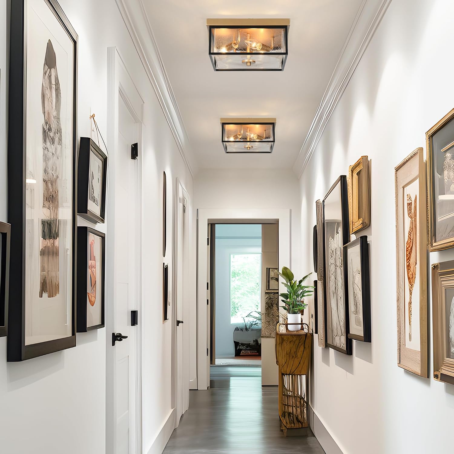 Square Flush Mount Ceiling Light, Black Gold Hallway Light Fixtures Ceiling, Mid-Century Modern 3-Light Close to Ceiling Light with Seeded Glass Shade for Bedroom, Kitchen and Foyer