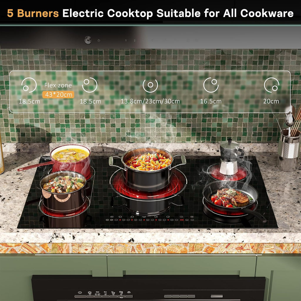36 Inch Electric Cooktop 5 Burner, Built-in Electric Stovetop with Flexible Bridge & Triple Ring Burner, 9600W Cooktop Electrics with BBQ Burner, Timer, Safety Lock,Pause, 220V-240V Hard Wire