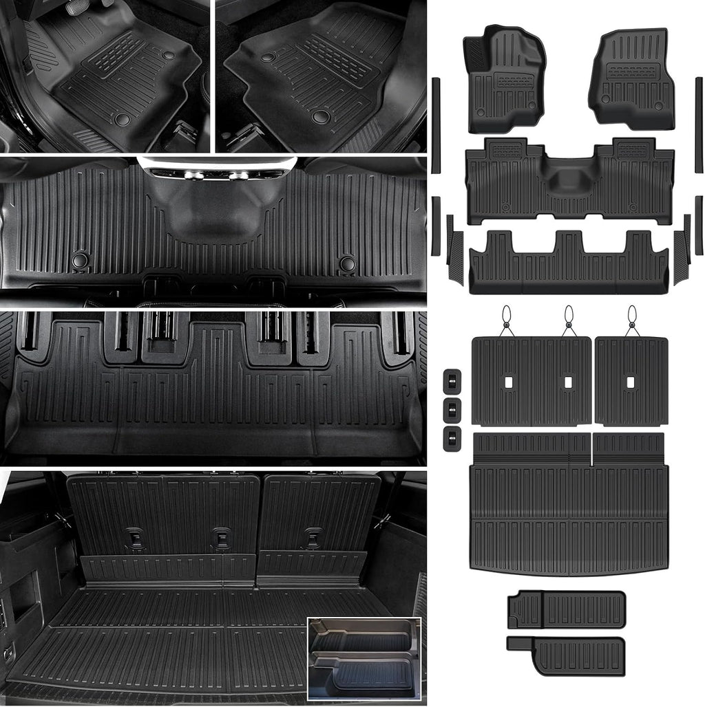 Floor Mats Cargo Mat Set for 2018-2024 Ford Expedition Max 8 Seats Bench Seat, Extra Sub-Trunk Mat and Door Sill Guards, All Weather TPE Cargo Liner Trunk Lower Mat Accessories