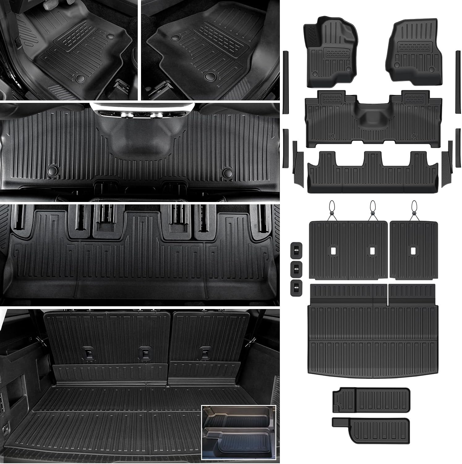 Floor Mats Cargo Mat Set for 2018-2024 Ford Expedition Max 8 Seats Bench Seat, Extra Sub-Trunk Mat and Door Sill Guards, All Weather TPE Cargo Liner Trunk Lower Mat Accessories