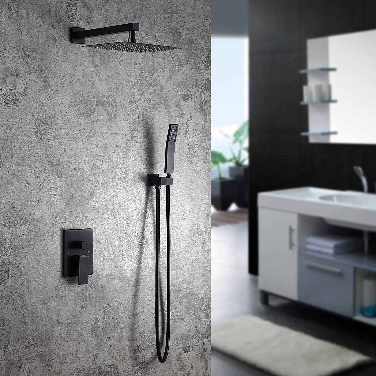 shower head -PE Shower System,Matte Black Wall Mounted Rain Shower Set 10' Square Shower Head Handheld Shower Modern Dual Function Shower Fixture for Bathroom, Solid Brass with Rough-in Valve Body