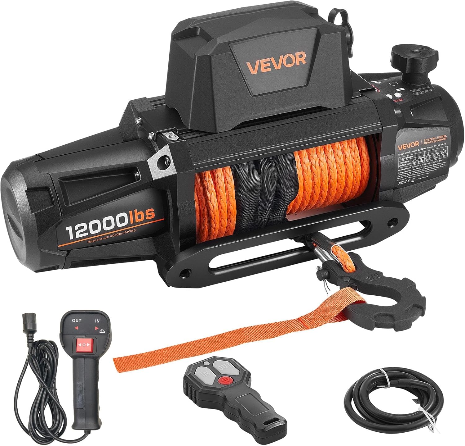 VEVOR Electric Winch, 12000 lbs Load Capacity, 12V DC Truck Winch with Φ3/8 in x 92 ft Synthetic Rope, Wireless & Wired Remote Control, IP68 Waterproof for Towing Off-Road SUV Jeep Trailer Boat