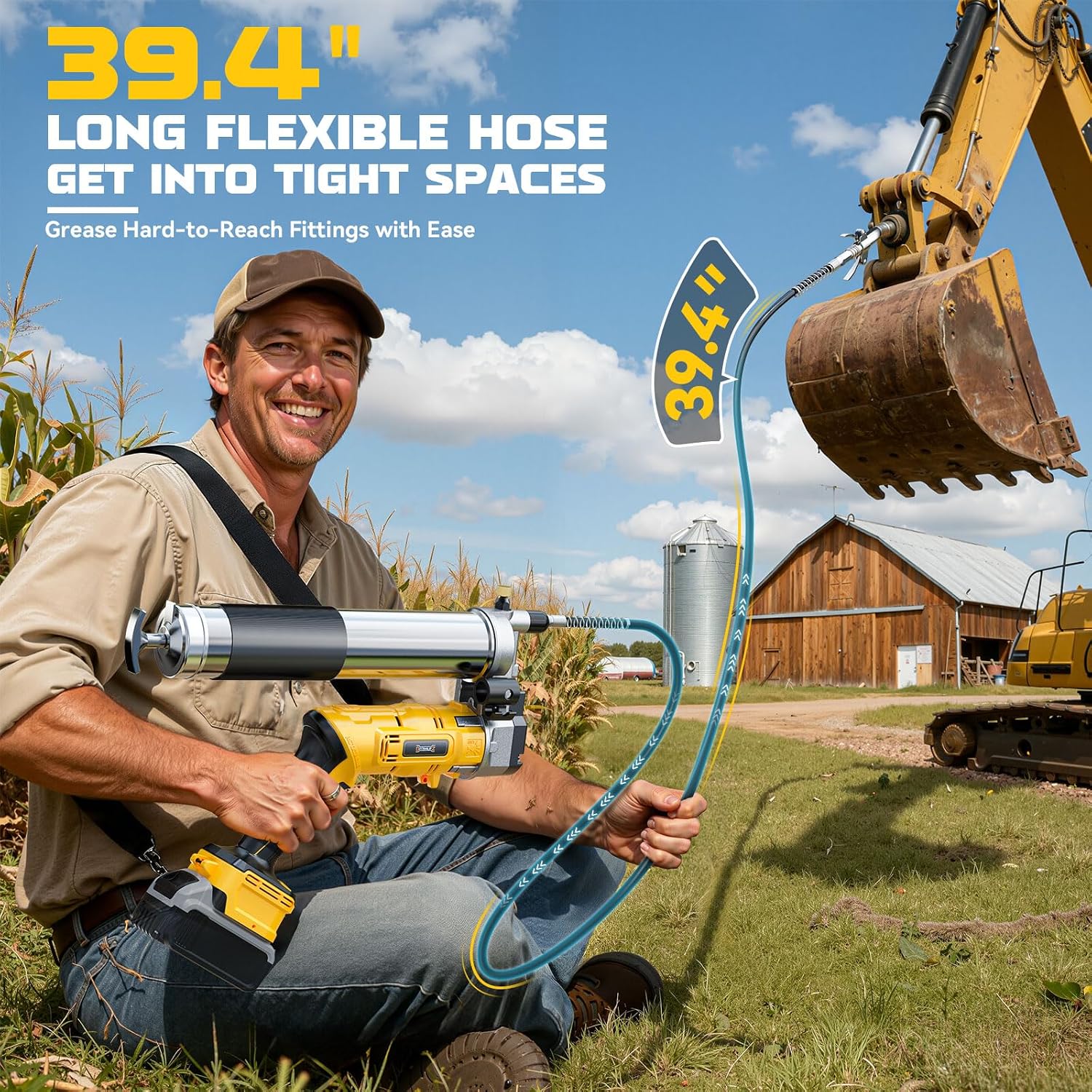 DIYtoolifz Cordless Grease Gun Compatible with DeWalt 20V Battery, 12000PSI High-Pressure with 2-in-1 Rotating Handle, 39.4' Hose & 4 Couplers for Bulk & Cartridge Grease (Tool Only)