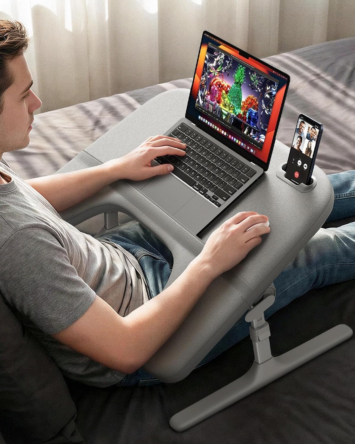 SAIJI Laptop Lap Desk for Bed & Couch, Adjustable Height & Angle Bed Desk with Soft Armrest for Adults, Ergo Curve Folding Bed Table for Working, Reading and Gaming, Laptop Desk for Bed (Gray)