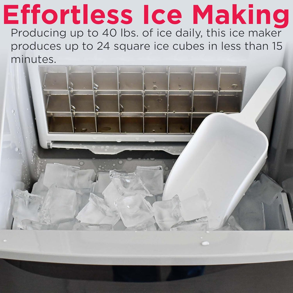 Frigidaire Ice Maker EFIC452, Countertop Stainless Steel Ice Maker with Transparent Window, Clear Ice Cube Maker with 40 lbs. Capacity, Ice Maker Machine – 14.8' D x 11' W x 14.1' H (Black)