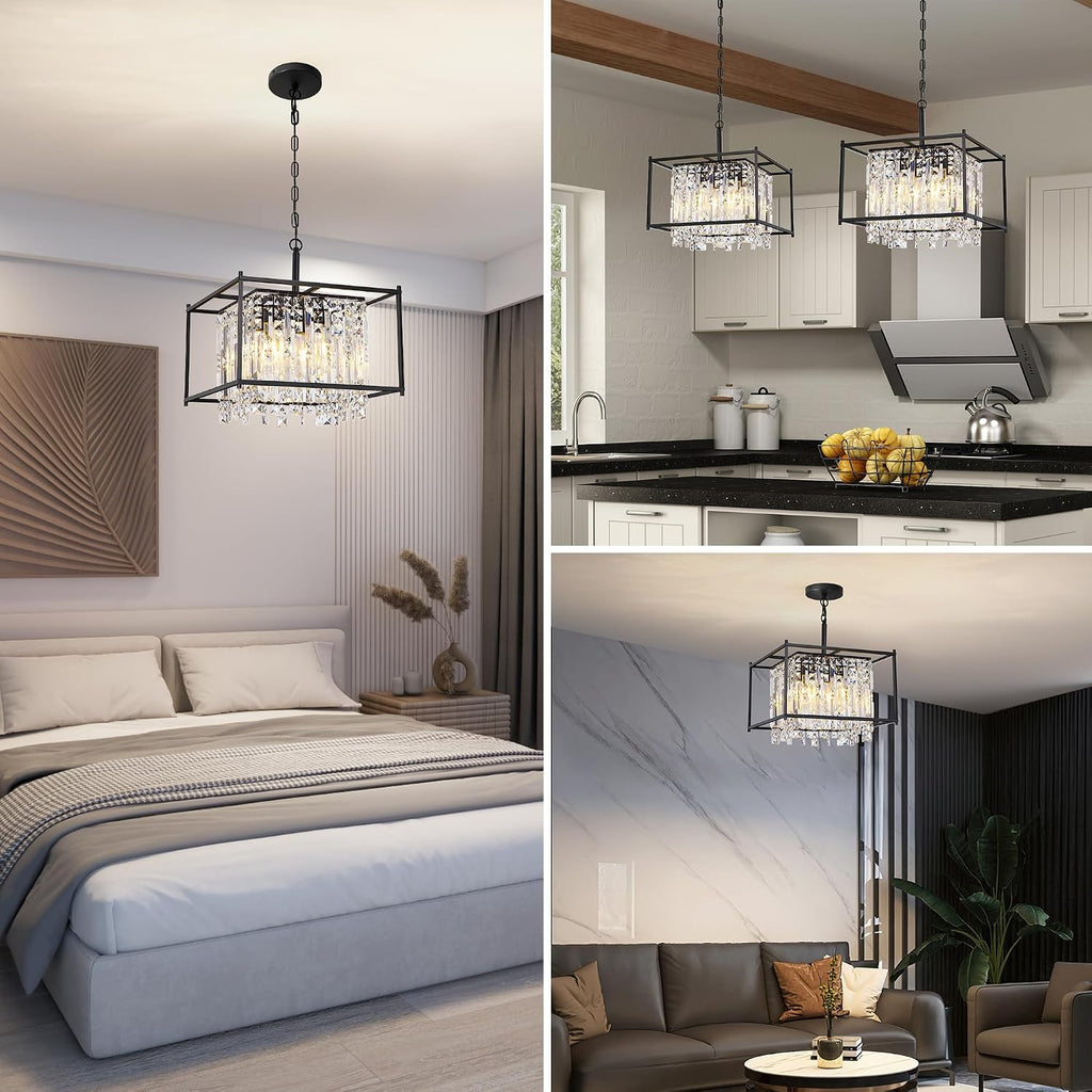 Miuyhji Black Chandeliers for Dining Room, Black Square Industrial Chandelier Crystal Pendant Light for Kitchen Island Dining Room Living Room Flat and Inclined Ceiling,L16 x W16 x H17.5