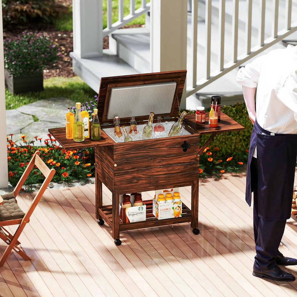 Moccha 54-Quart Rolling Cooler Cart - Wooden Rolling Ice Chest Cooler Cart w/ 2 Drop Leaf Tables, Bottle Opener, Pine Wood Outdoor Beverage Cooler, Patio Cooler on Wheels for Parties Yard Pool Deck