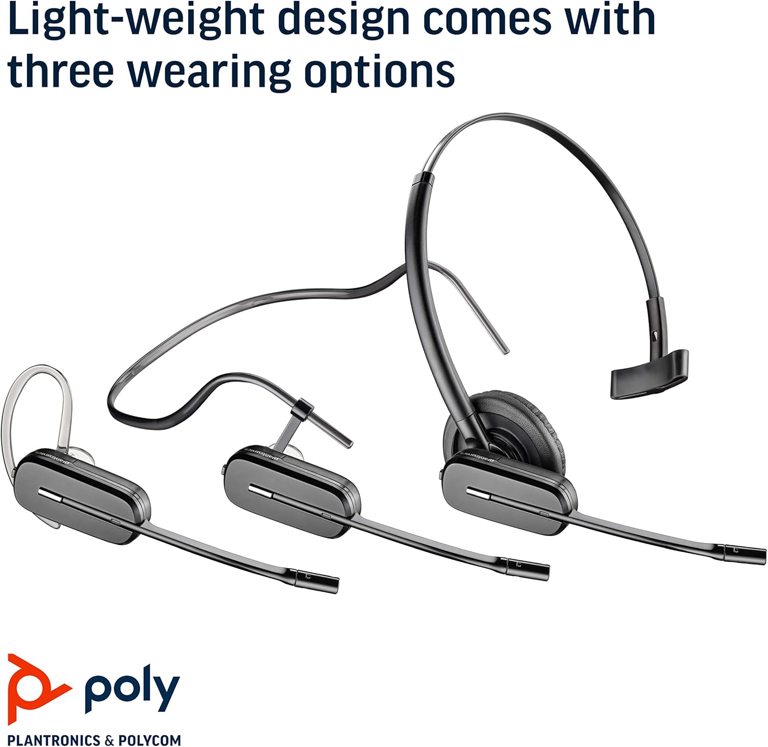 Plantronics - CS540 Wireless DECT Headset (Poly) - Single Ear (Mono) Convertible (3 Wearing Styles) - Connects to Desk Phone - Noise Canceling Microphone