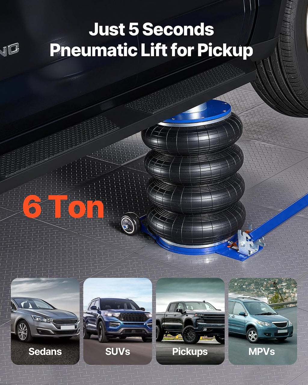 VEVOR Air Jack, 6 Ton/13227 lbs Airbag Jack, Lift Up to 26.5 inch with Heightened Column, Adjustable Handle & Thick Rubber Pad, 2-5 s Fast Lifting Pneumatic for Car, SUV, Pickup Truck Repair, Garage