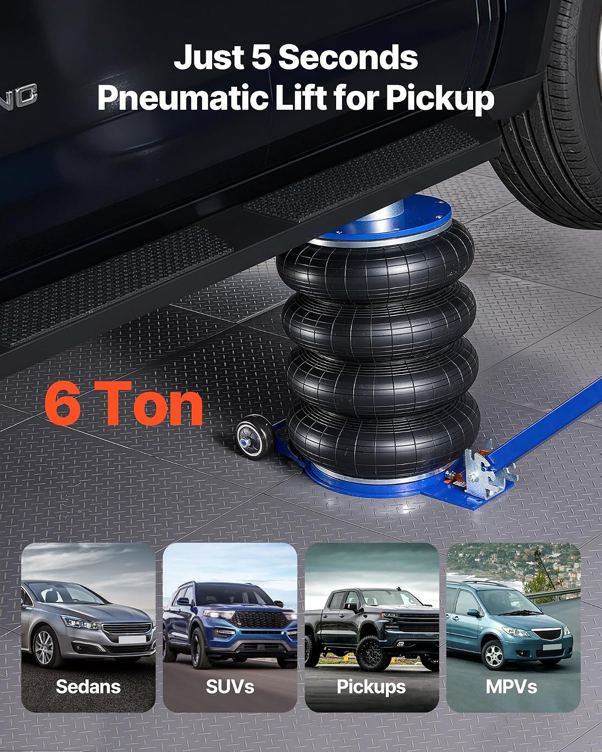 VEVOR Air Jack, 6 Ton/13227 lbs Airbag Jack, Lift Up to 26.5 inch with Heightened Column, Adjustable Handle & Thick Rubber Pad, 2-5 s Fast Lifting Pneumatic for Car, SUV, Pickup Truck Repair, Garage