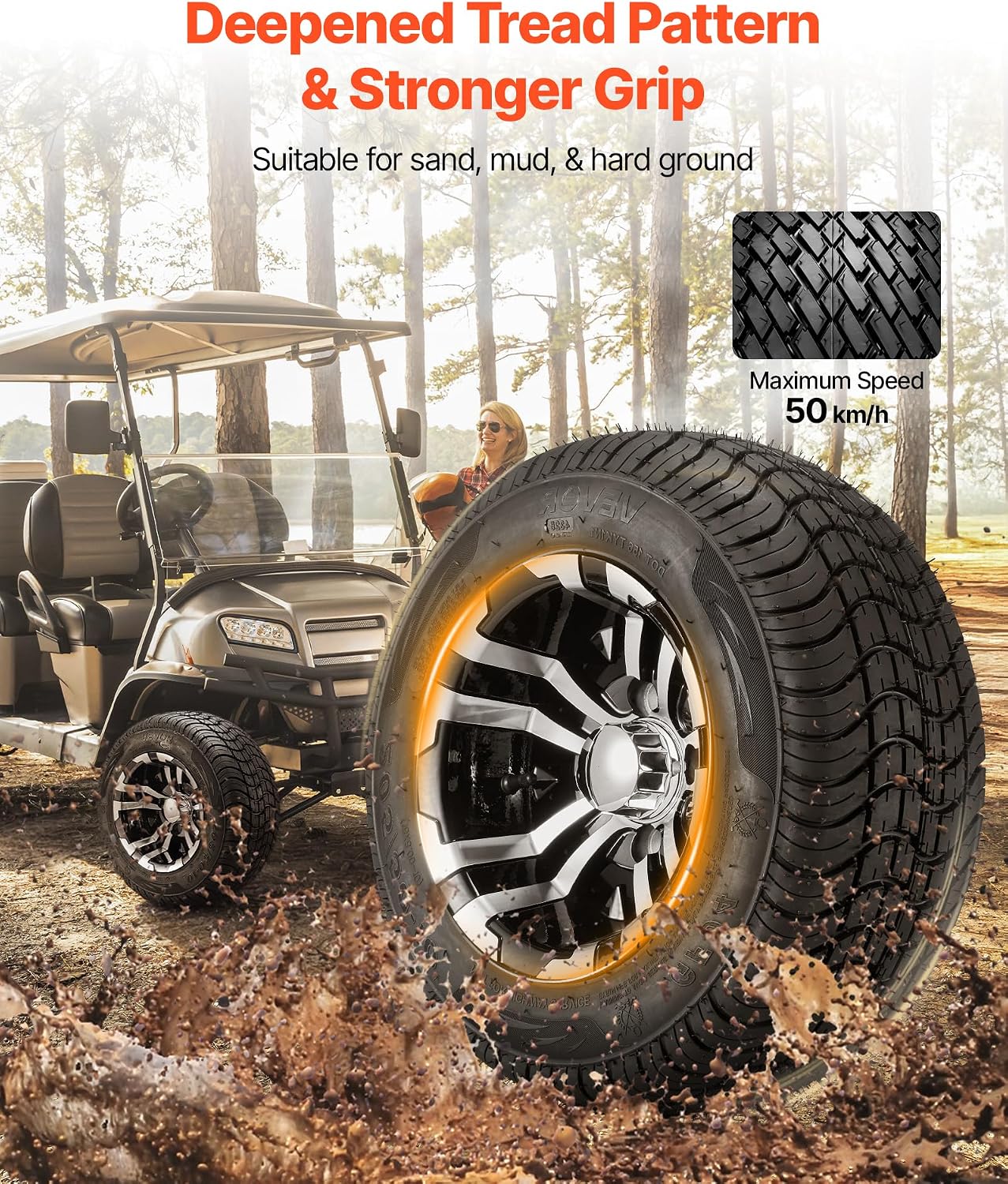 VEVOR Golf Cart Wheels, 10' 205/50-10 Black Aluminum Alloy Golf Cart Tires and Wheels Combo (Set of 4) Fit Club Car, EZGO, Yamaha, 4 Ply Rubber 4-Lug Lawn Mower Tires & Rims, 675 lbs Load, All-Terrain