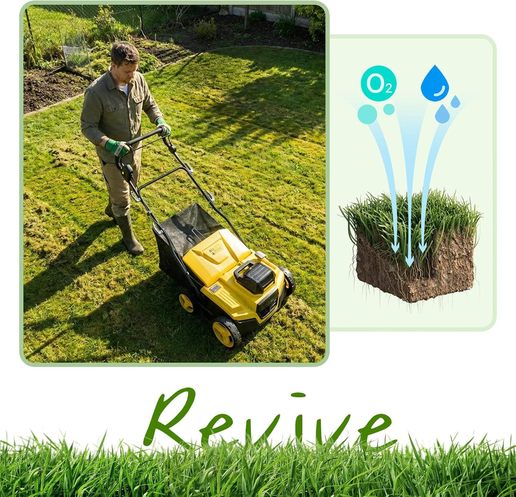 40V 15' Brushless Cordless Electric Dethatcher and Scarifier Compatible with Dewalt 20V Battery(Tool Only), w/12Gal Thatch Collection Bag, 5-Depth Adjustment, Quick-Fold, Walk Behind for Lawn Care