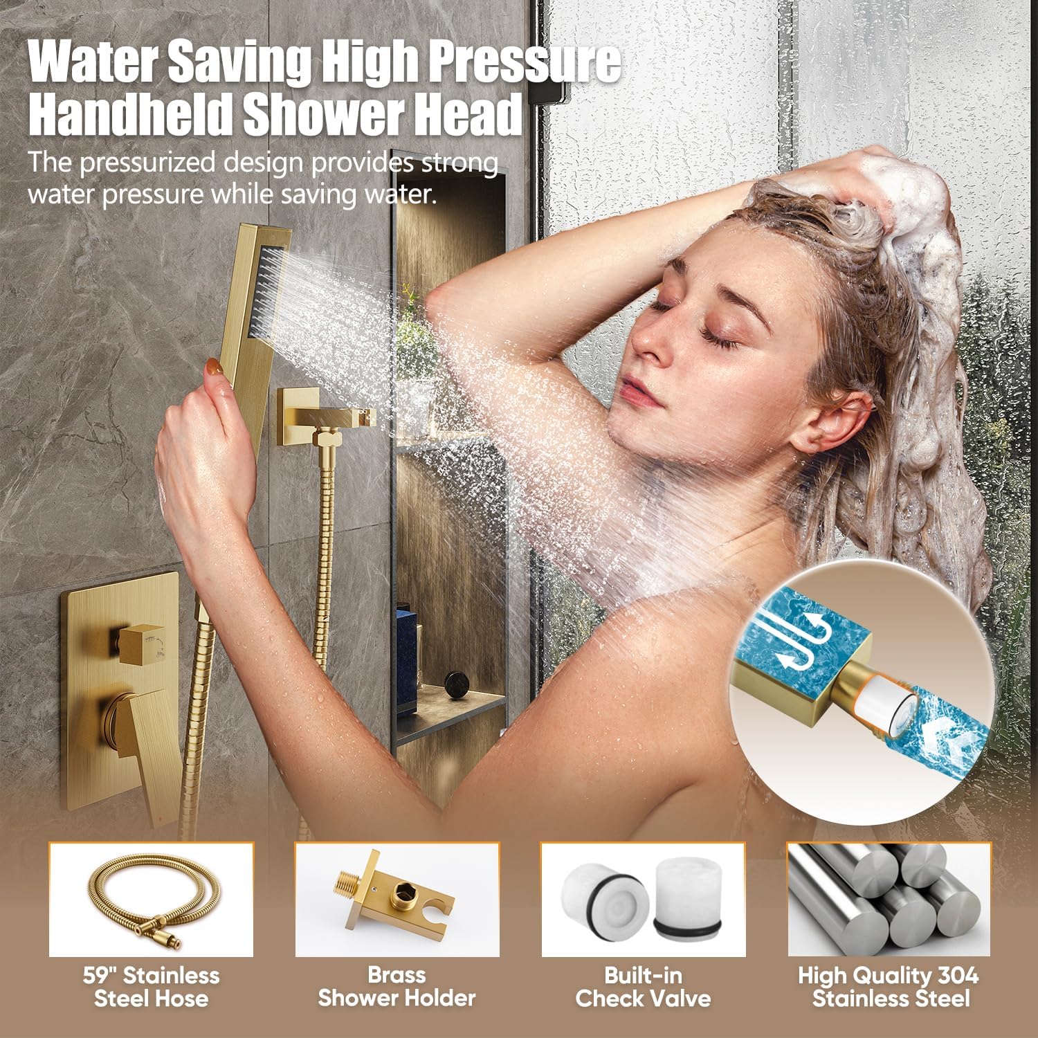 Gabrylly Shower System Gold, High Pressure 12' Rainfall Shower heads with Handheld Spray Combo, Modern Bathroom Shower Fixtures, Complete Shower Faucet Set with Valve and Diverter, Brushed Gold