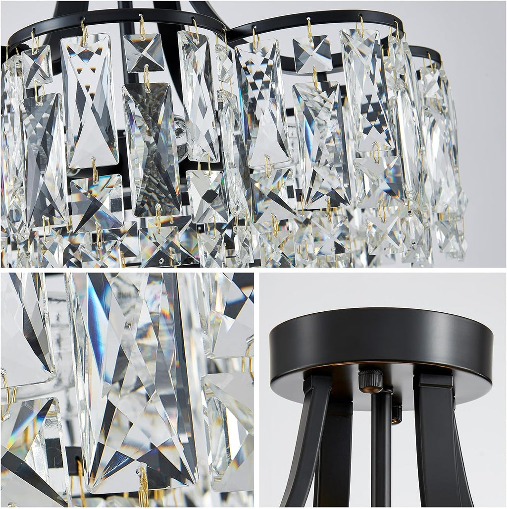 WUZUPS Crystal Chandelier Semi-Flushmount Ceiling Light Modern Lighting Fixture for Bedroom Hallway Entry Kitchen Bathroom, H 19.3' x W 18.3', E12 Base, Black