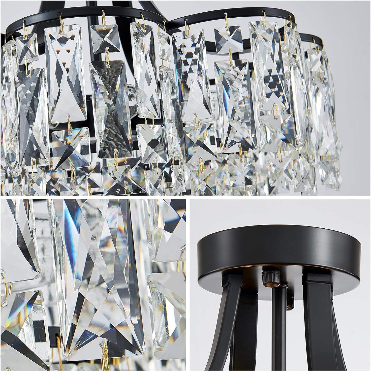 WUZUPS Crystal Chandelier Semi-Flushmount Ceiling Light Modern Lighting Fixture for Bedroom Hallway Entry Kitchen Bathroom, H 19.3' x W 18.3', E12 Base, Black