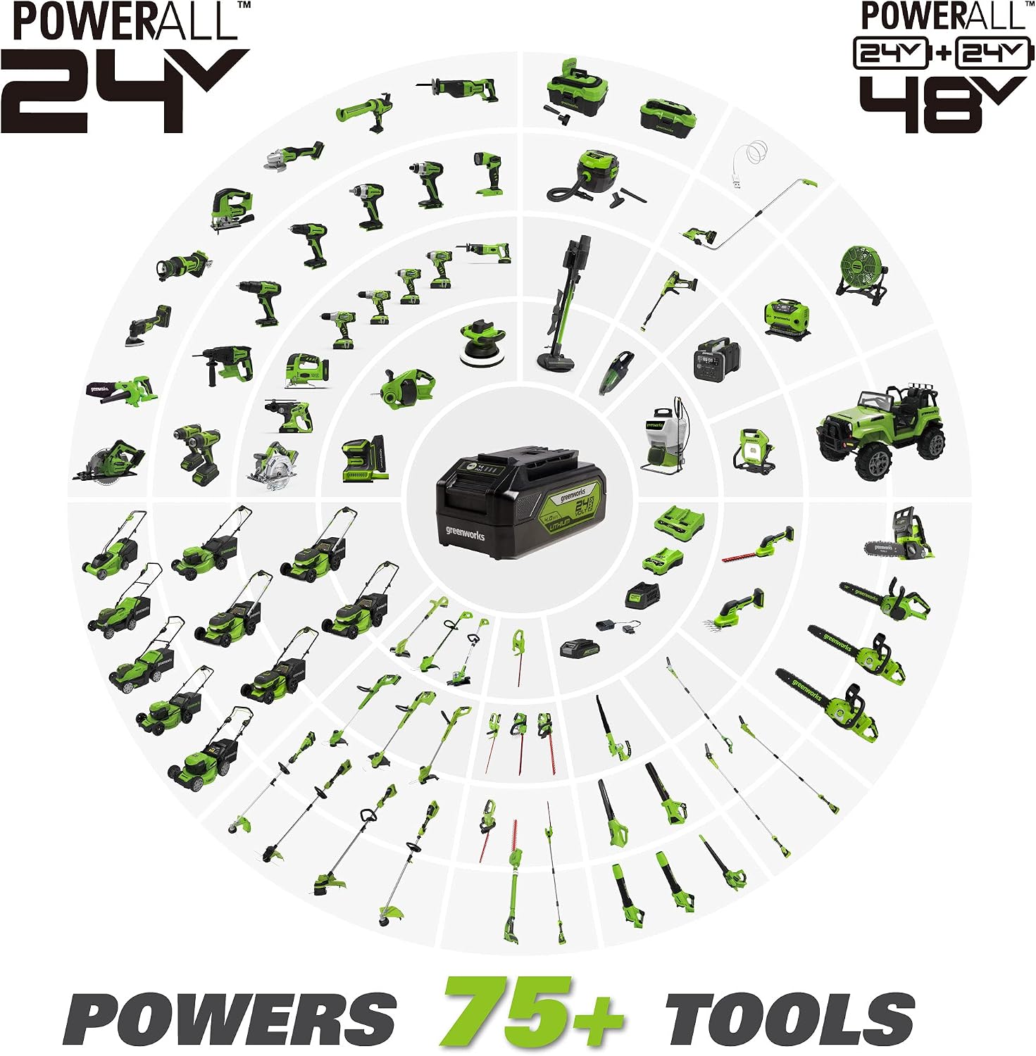 Greenworks 24V 13' Brushless Lawn Mower, String Trimmer, 4.0Ah USB Battery and Charger Included