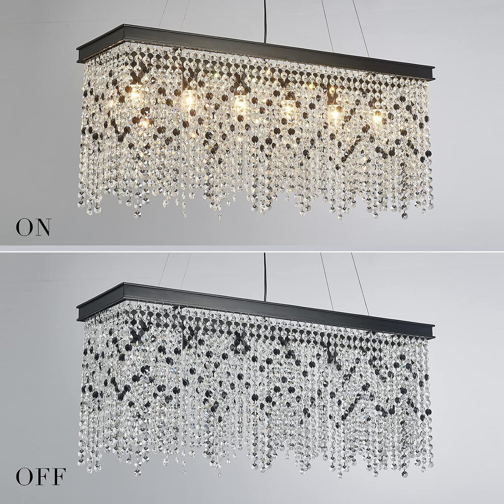 Q&S Black Modern Crystal Chandelier,L30 6-Light Luxury Rectangle Chandelier Light Fixtures for Dining Room Kitchen Island Bar UL Listed
