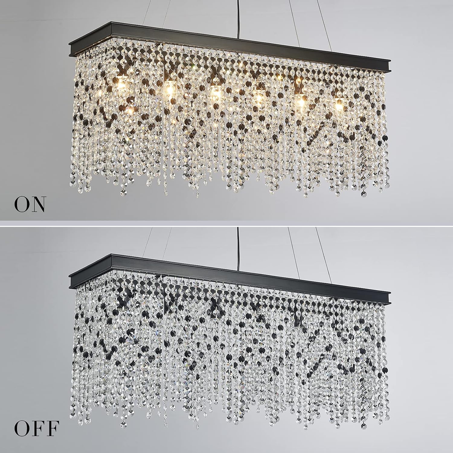 Q&S Black Modern Crystal Chandelier,L30 6-Light Luxury Rectangle Chandelier Light Fixtures for Dining Room Kitchen Island Bar UL Listed
