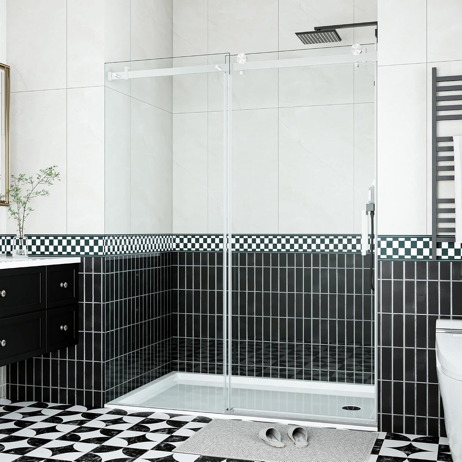 Sliding Shower Door 56–60 inch W× 76 inch H, Frameless Glass Shower Door with Square Stainless Steel Track and 55mm Rollers, 6mm Tempered Glass, Modern Sliding Shower Doors for Bathroom Remodeling