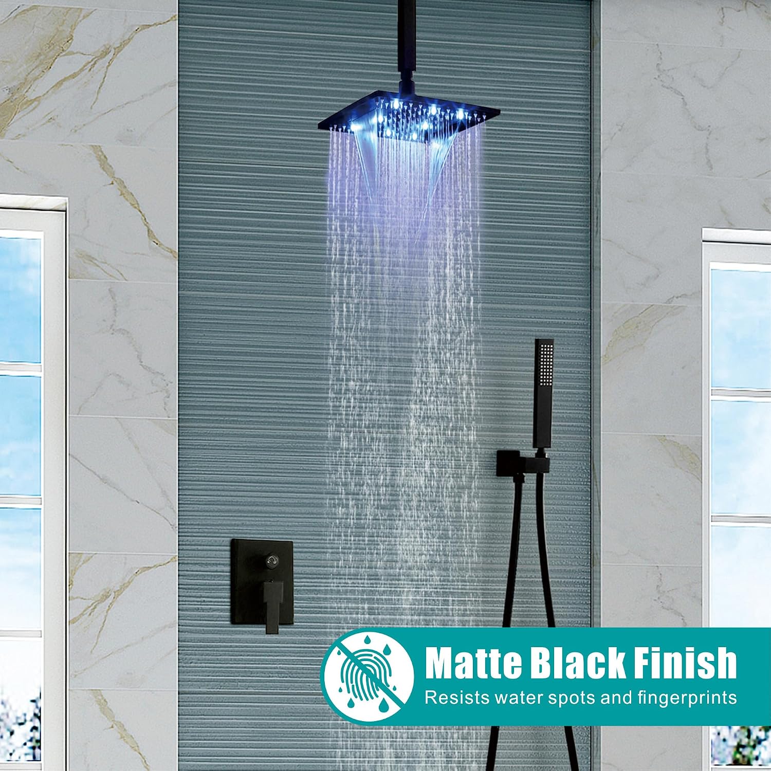 SKOWLL Ceiling Mount Shower System 10 Inch LED Rain Shower Head with Handheld, High Pressure Rainfall Bathroom Shower System Matte Black Shower Faucet Set with Rough in Valve