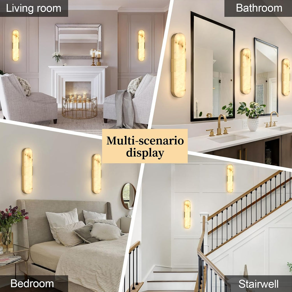 20' Gold Alabaster Wall Sconce, Brass Vintage Natural Marble Wall Light, LED Tunable 3000K-6000K Vanity Wall Lamp Fixture for Bathroom Bedroom Hallway Living Room