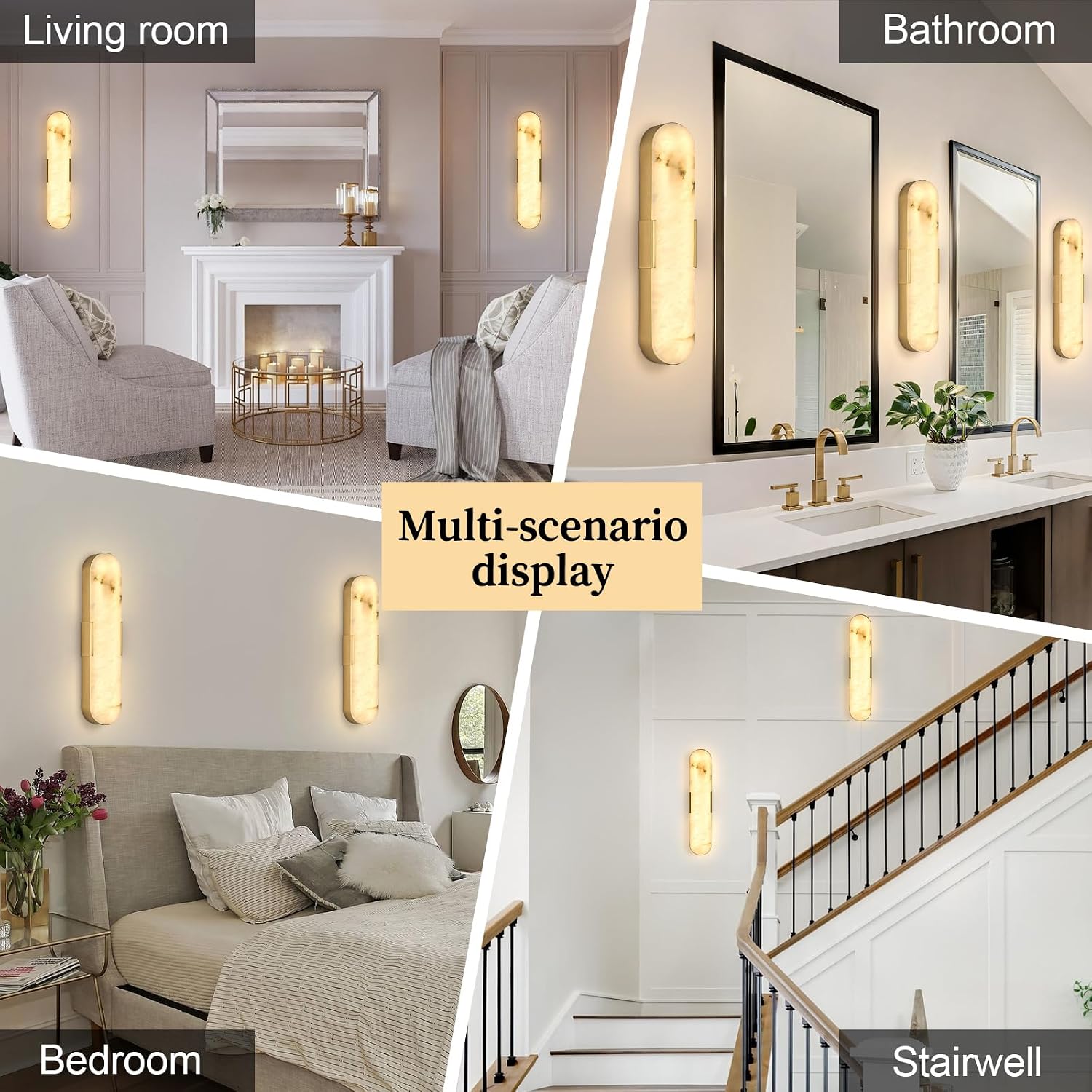 20' Gold Alabaster Wall Sconce, Brass Vintage Natural Marble Wall Light, LED Tunable 3000K-6000K Vanity Wall Lamp Fixture for Bathroom Bedroom Hallway Living Room