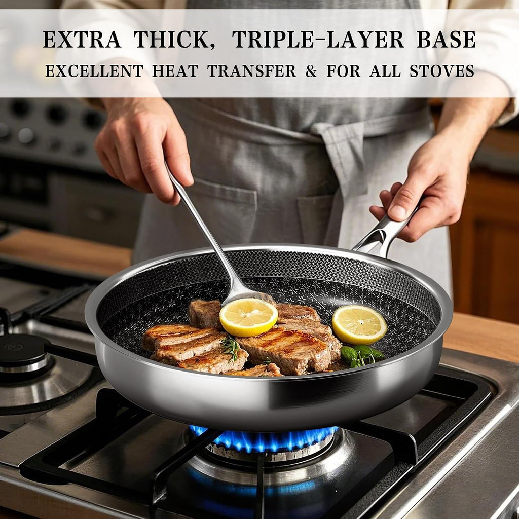 VONIKI Hybrid Tri-ply Stainless Steel Cookware Set, Pots And Pans Set Non Stick with Steamer Basket, Non Toxic Induction Cookware, Kitchen Cookware Sets PFOA & PTFE Free, Dishwasher and Oven Safe