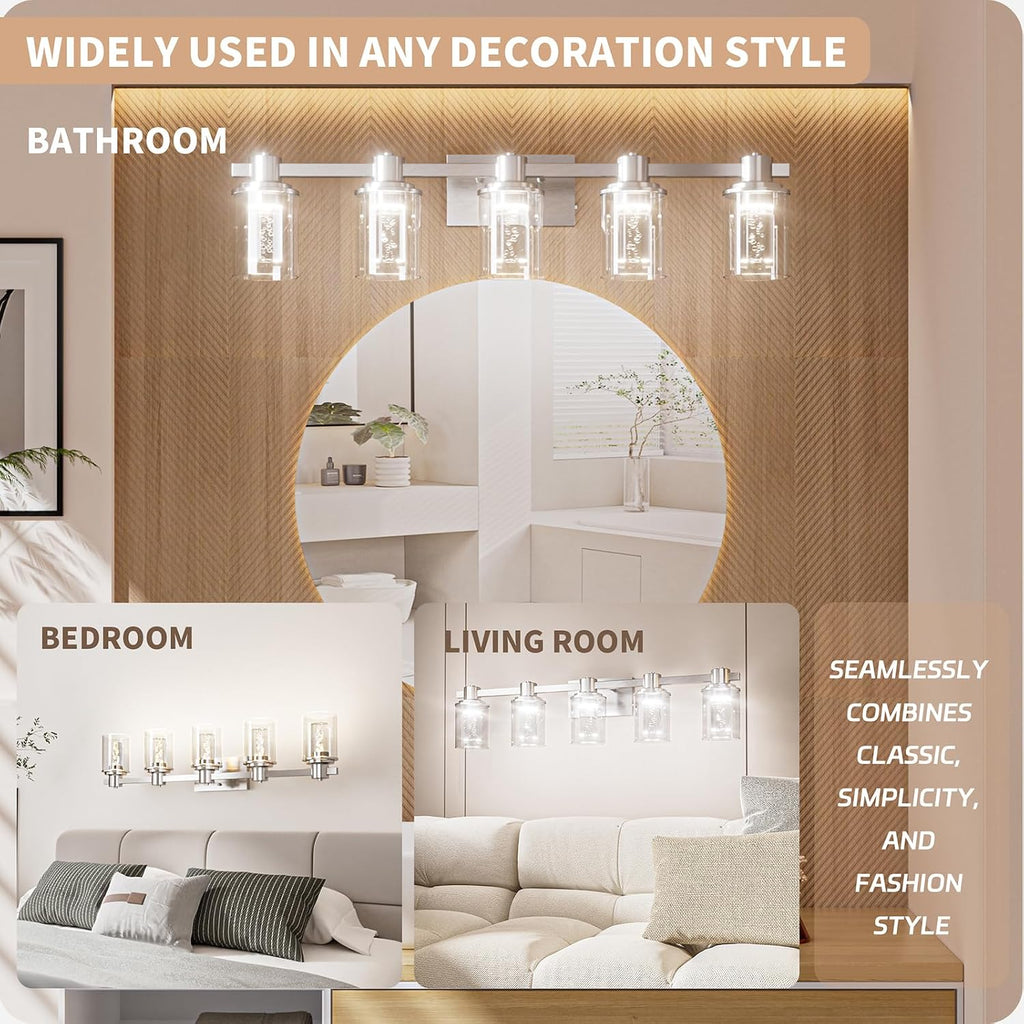 Quntis Brush Nickle Bathroom Lighting Fixtures with 5 Color Mode, 5-Light Dimmable Modern Bathroom Vanity Light Over Mirror, 35 Watt Eye Protection LED Wall Lamp 33 Inch (UL Certified, Bulbs Included)