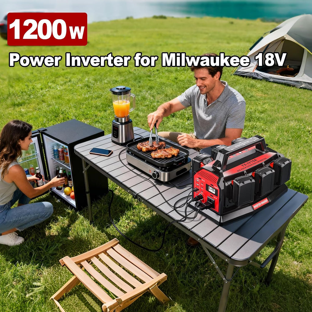 1200W Power Inverter & 6A Rapid Charger for Milwaukee 18V Battery 6-Port DC to AC 110V Converter, 12V Car Socket,3 USB-A/C, LED Light for Camping, Travel, Emergencies