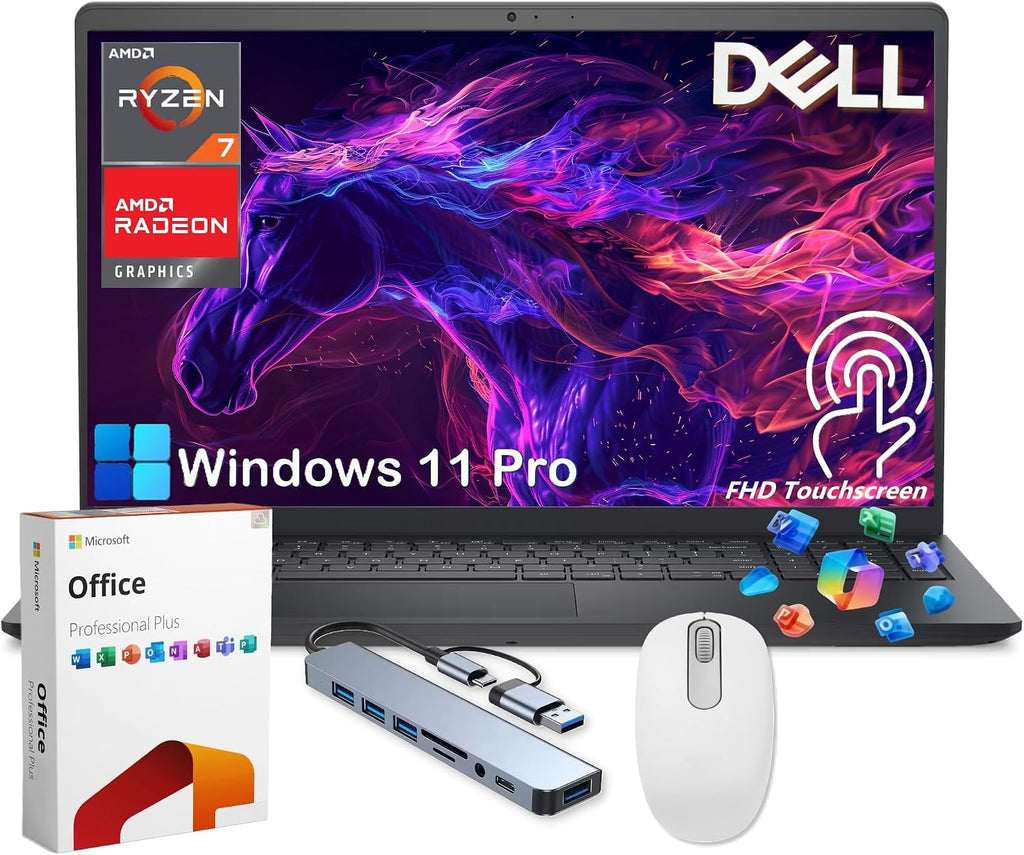 Dell Inspiron 15 Touchscreen Laptop Computer, Windows 11 Pro, Free Lifetime MS Office, AMD Ryzen 7 7730U, 15.6'' FHD WVA Display, 16GB RAM + 1TB SSD, 8-in-1 HUB & Mouse, AMD Radeon Graphics
