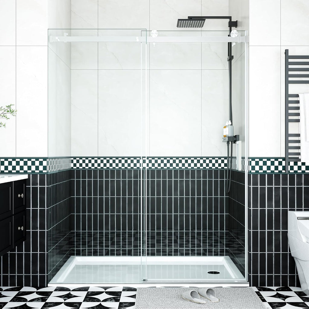 Glass Shower Door 56–60 Inch W x 76 Inch H, Frameless Sliding Shower Enclosure with Fixed Panel, 8mm Coated Tempered Safety Glass, Square Stainless Steel Rail, Brushed Sliver