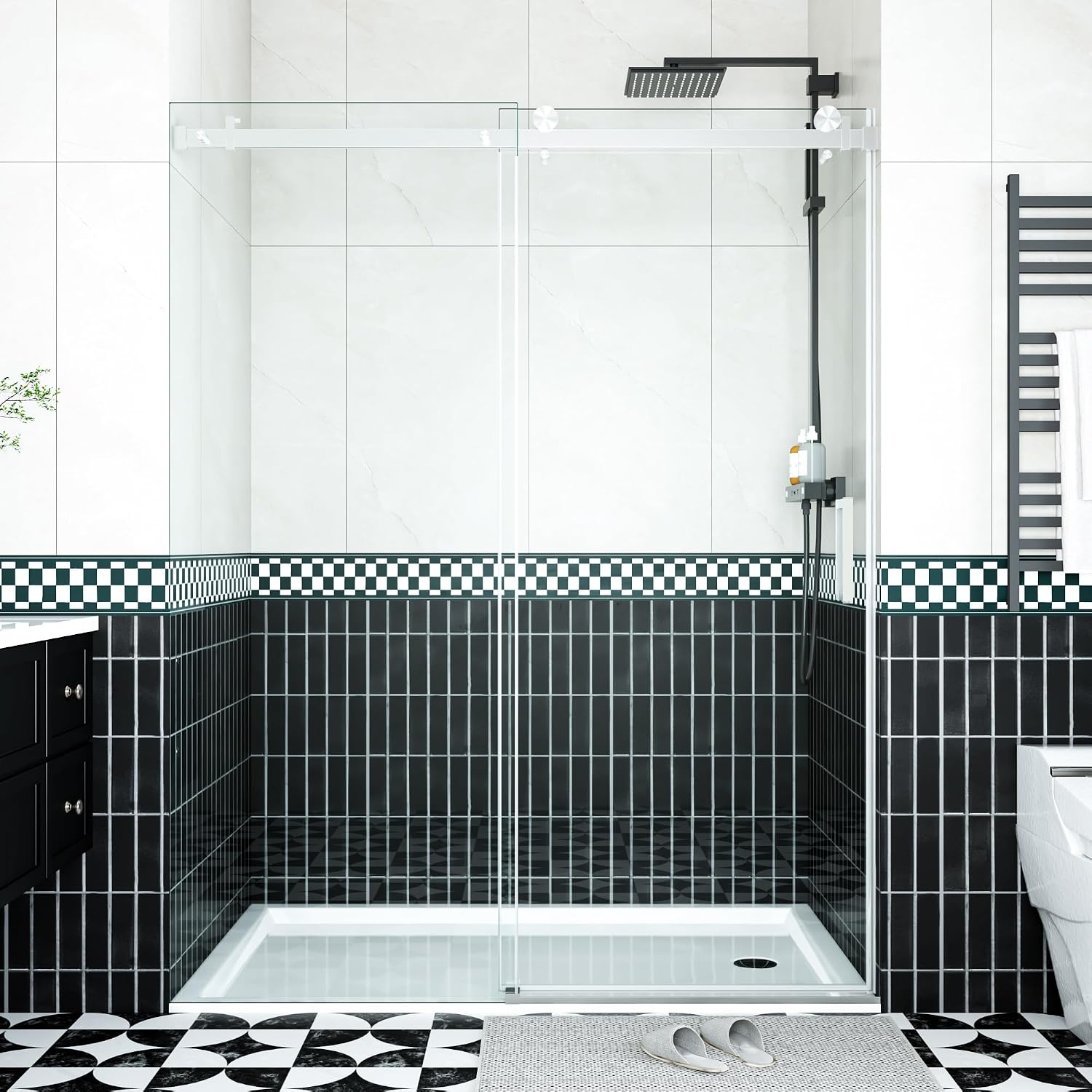 Glass Shower Door 56–60 Inch W x 76 Inch H, Frameless Sliding Shower Enclosure with Fixed Panel, 8mm Coated Tempered Safety Glass, Square Stainless Steel Rail, Brushed Sliver