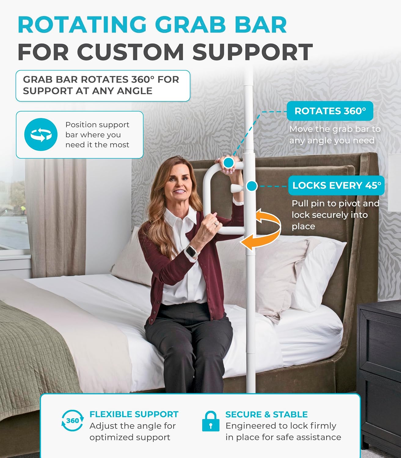 Stander Wonder Pole, Security-Pole and Curve Grab Bar, Tension Mounted Floor to Ceiling Transfer-Pole for Seniors, Elderly Adults, Bathroom Safety Assist and Stability Rail, White