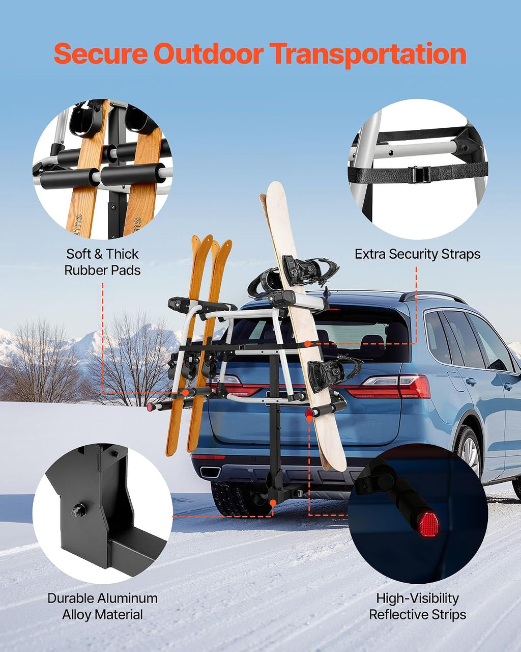 VEVOR Hitch Mounted Ski & Snowboard Rack, Fits 2-Inch Receiver, Carries up to 6 Pairs of Skis or 4 Snowboards, Hitch-Mounted Rack for Car with Key Lock, Security Strap, Tilt Access, Rubber Padding