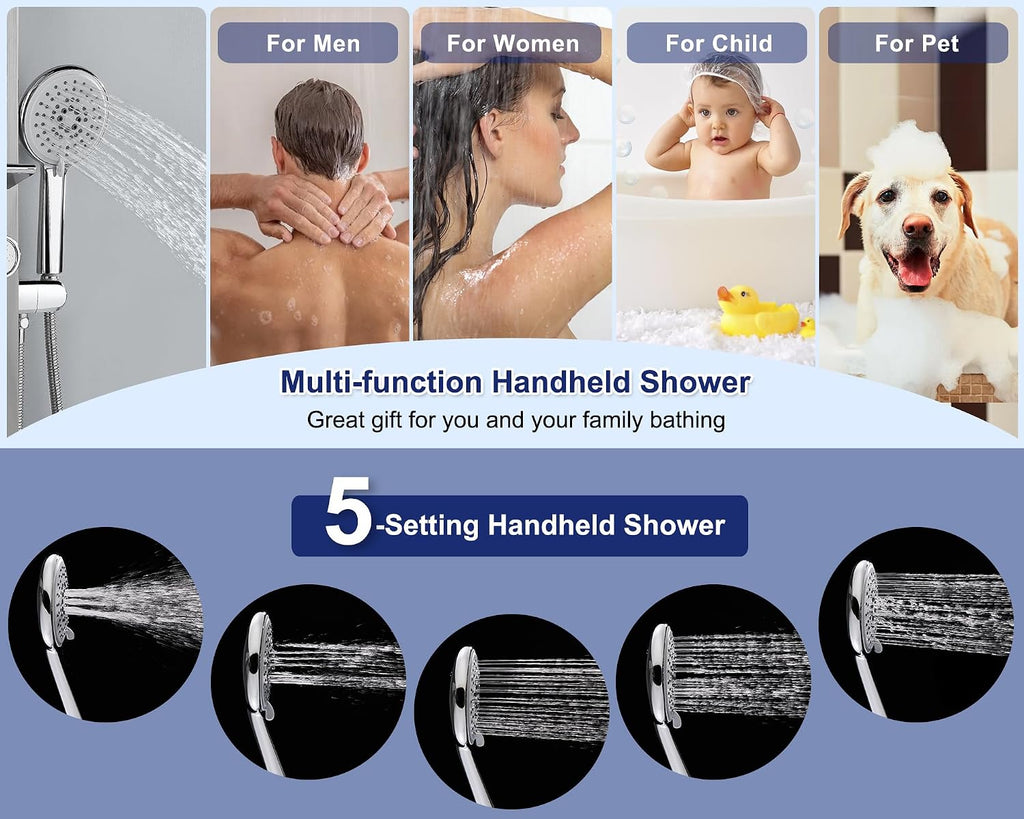 ROVATE Shower Panel Tower System with Shelf, Adjustable Shower Arm, Brushed Shower Tower with 6 Body Jets, Self-Cleaning Rainfall Showerhead & Handheld, Powerful Shower Column Stainless Steel