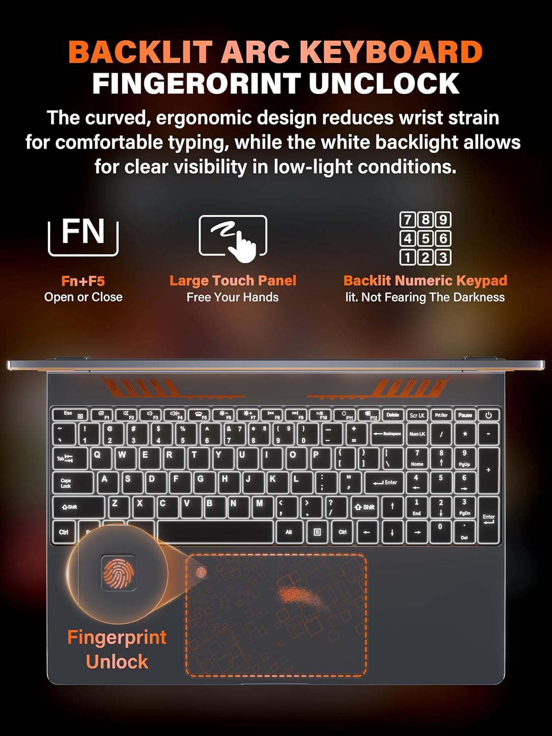 16 Inch Business Laptop Computer for Students & Professionals,4-Core Processor, 16:10 FHD IPS Display, 16GB RAM 512GB SSD, Backlit Keyboard, Fingerprint, Win 11 Pro, Gray with Orange Accents