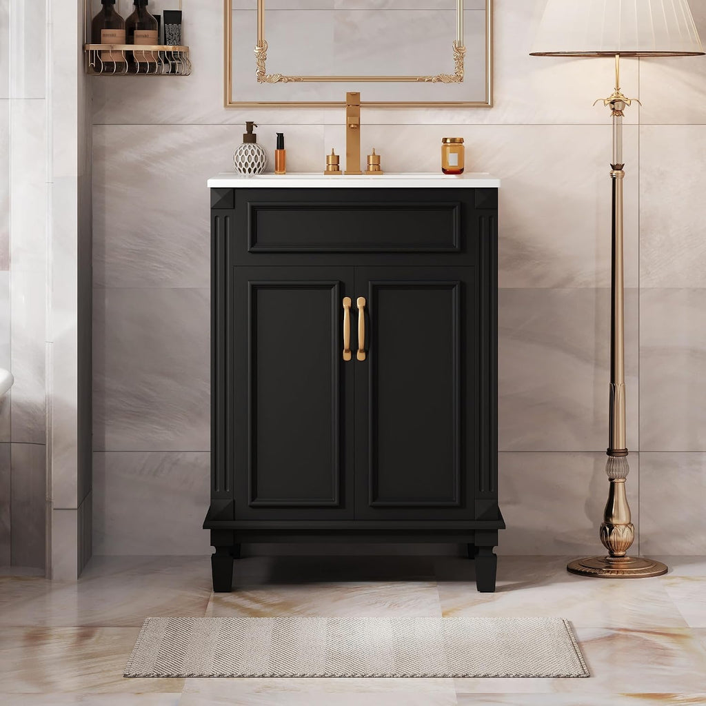 24-inch Bathroom Vanity with Sink Combo, Free-Standing Single Bathroom Storage Cabinet with 2 Soft-Closing Doors and Adjustable Shelf, Wooden Vanity Set with Ceramic Basin for Bathroom (Black)