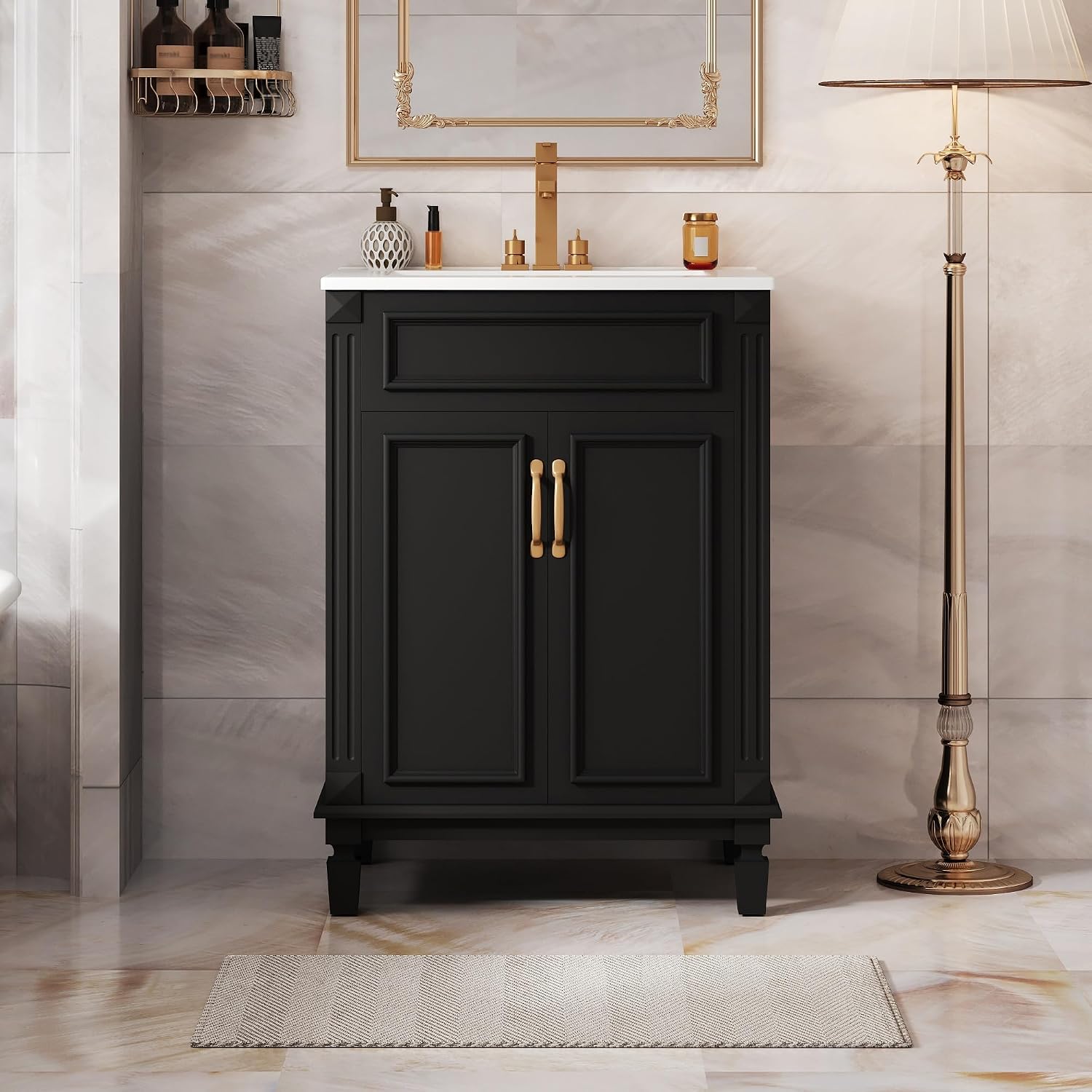 24-inch Bathroom Vanity with Sink Combo, Free-Standing Single Bathroom Storage Cabinet with 2 Soft-Closing Doors and Adjustable Shelf, Wooden Vanity Set with Ceramic Basin for Bathroom (Black)