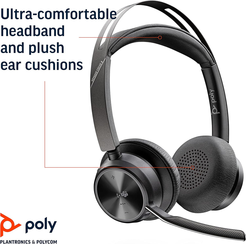 Poly - Voyager Focus 2 UC USB-A Headset (Plantronics) - Bluetooth Dual-Ear (Stereo) Headset with Boom Mic - USB-A PC/Mac Compatible - Active Noise Canceling - Works with Teams (Certified), Zoom & more