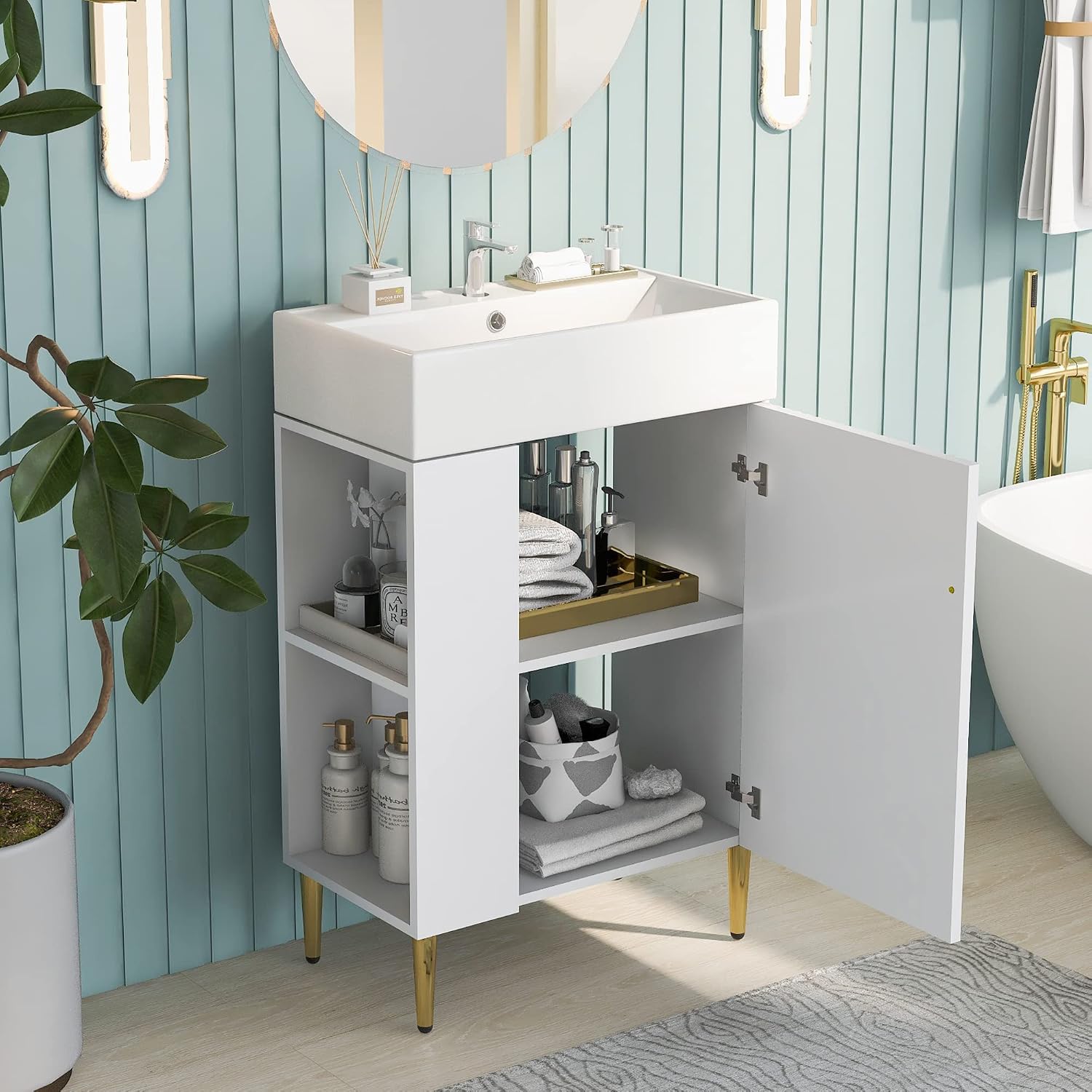 21.6-Inch Bathroom Vanity with Sink, Free Standing Vanity Cabinet with Storage Cabinet & Left Two-Tier Shelf, Solid Wood Bath Organizer with Ceramic Sink for Bathroom, White
