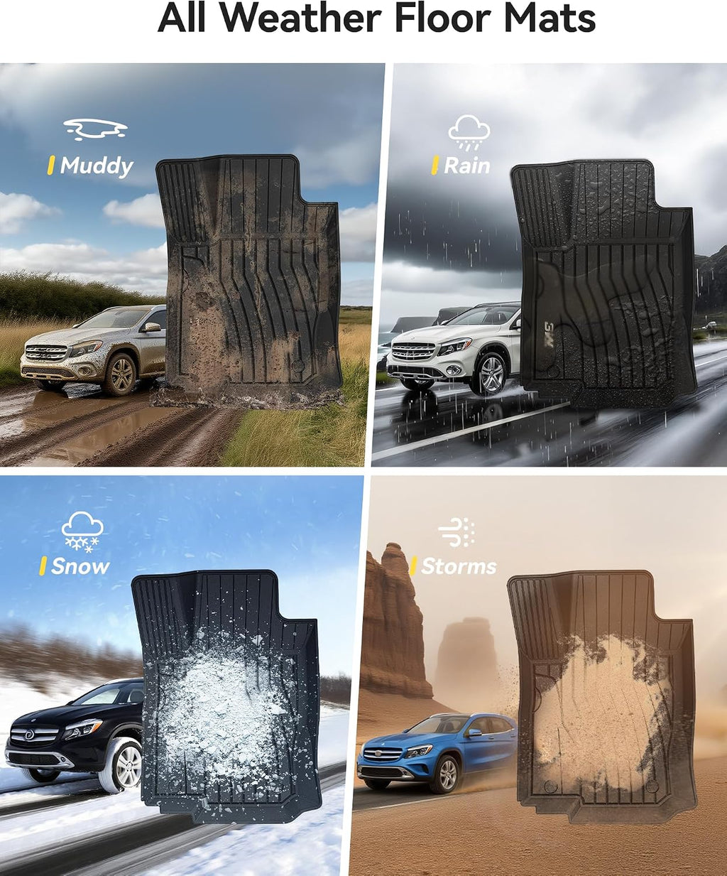 3W Floor Mats for 2012-2019 Benz ML/GL/GLE/GLS Series (ML/GL/GLE/GLS 350/450/550/63 AMG), TPE All Weather Custom Fit Floor Liner for 1st and 2nd Row Full Set Car Mats, Black