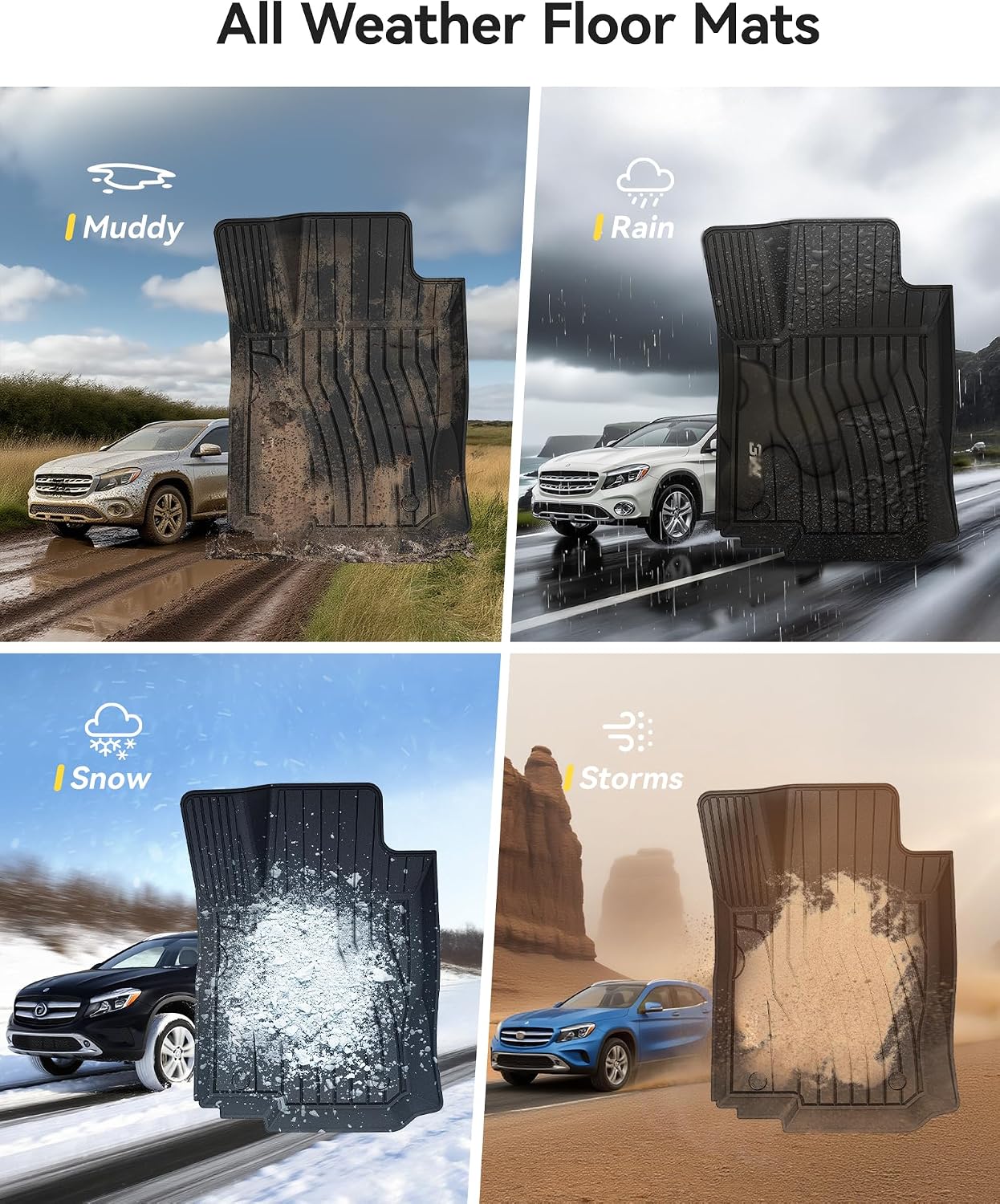 3W Floor Mats for 2012-2019 Benz ML/GL/GLE/GLS Series (ML/GL/GLE/GLS 350/450/550/63 AMG), TPE All Weather Custom Fit Floor Liner for 1st and 2nd Row Full Set Car Mats, Black
